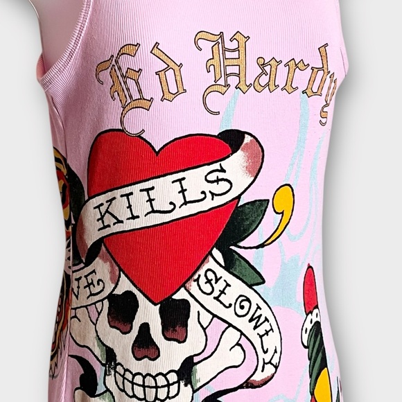 ED HARDY Retro Flash Rib Tank Dress Pink tattoo print size medium Y2K casual - Picture 4 of 7